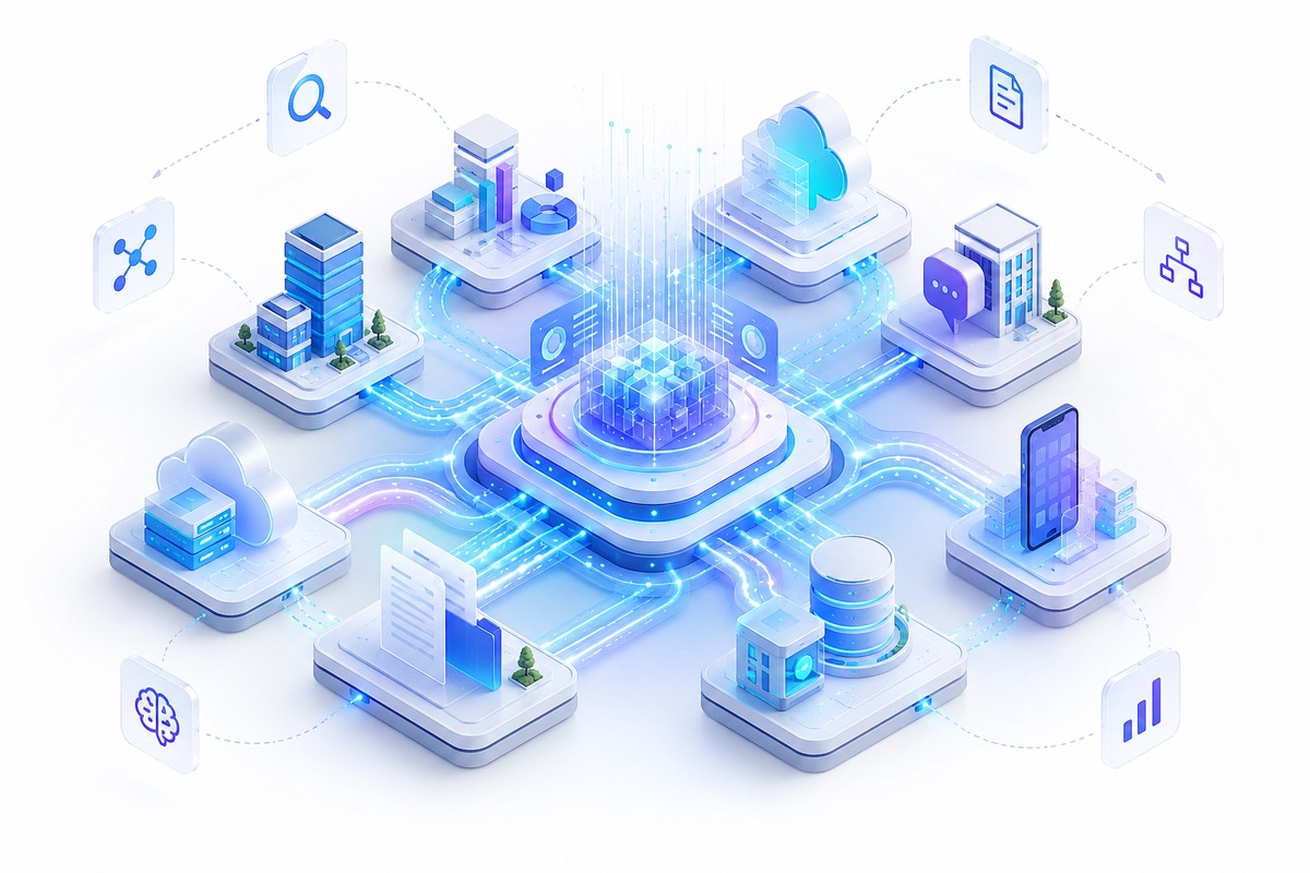 Isometric enterprise technology ecosystem with a central AI hub connected to cloud, databases, documents, analytics, mobile, and business systems